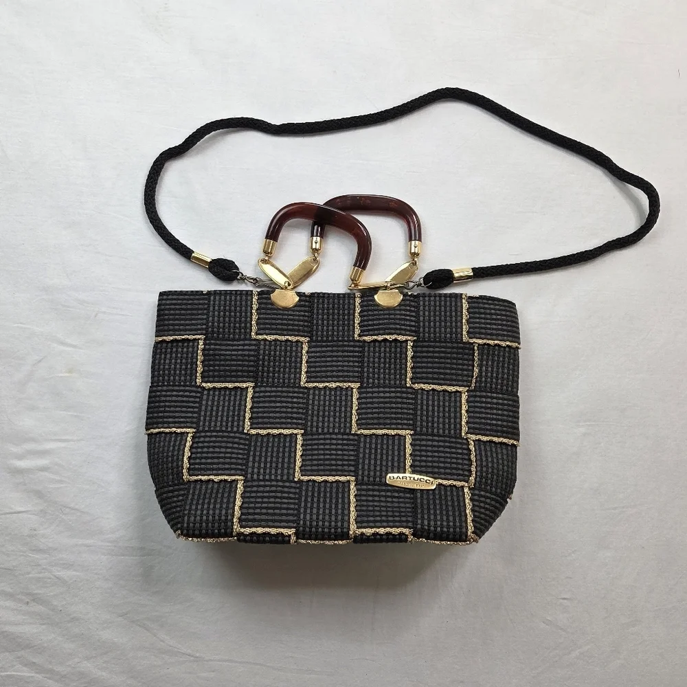 Bartucci Made in Italy Woven‎ Black Gold Tote Bag Rope Strap Top Handle